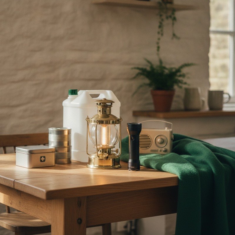 A calm, well organised home emergency kit laid out on an oak table: lantern, torch, water container, radio and wool blanket