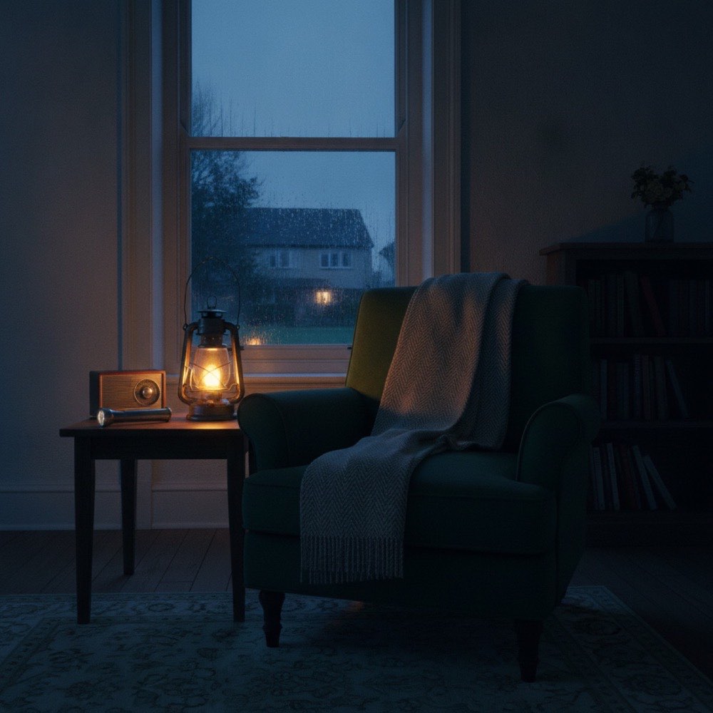 A calm British living room lit by a lantern during an evening power cut